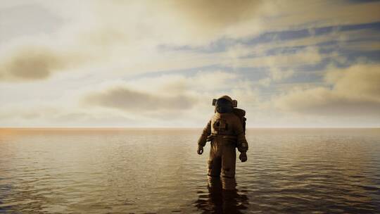 日落时分云层下的海上宇航员视频素材模板下载