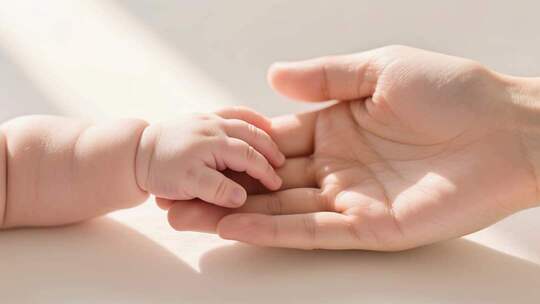母亲与婴儿小手互动的温馨瞬间
