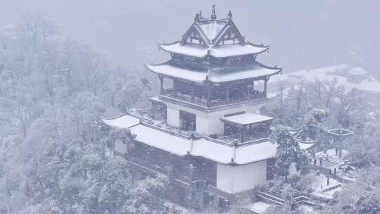 航拍武汉黄鹤楼大雪雪景古建筑文化传统