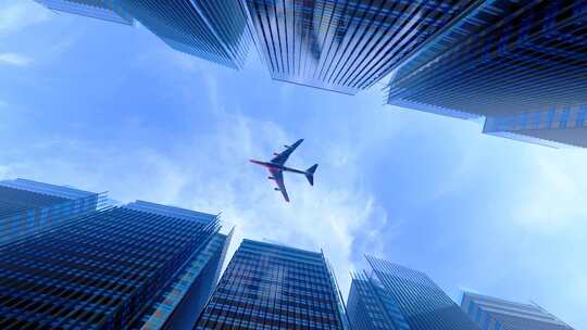 商务飞机飞过城市高楼上空视频视频素材模板下载