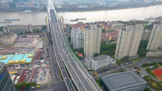 上海市黄浦江卢浦大桥车流船只延时风景视频