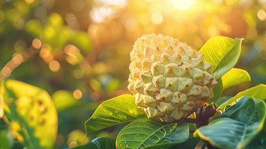 阳光下树上的释迦果特写