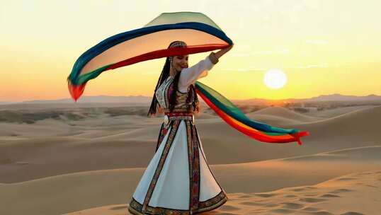 沙漠中女子舞动彩色绸带