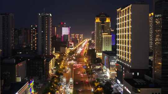 呼和浩特城市夜景 航拍 新华大街 鼓楼