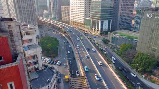 上海黄浦区延安东路航拍外滩马路道路车流交