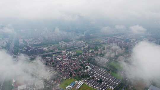 杭州滨江城市雨天风景航拍