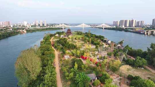 蓝天白云下航拍衡阳市东洲岛与湘江沿岸建筑