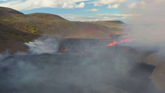 冰岛火山。4K无人机拍摄的覆盖着白烟的洛