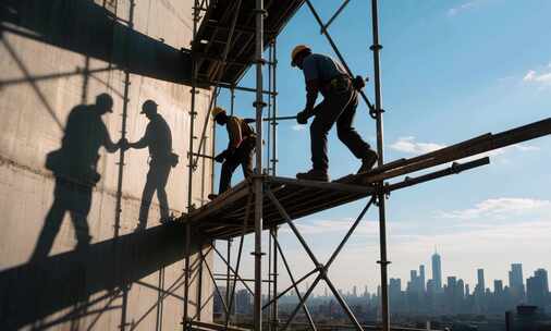 建筑工人脚手架上施工作业