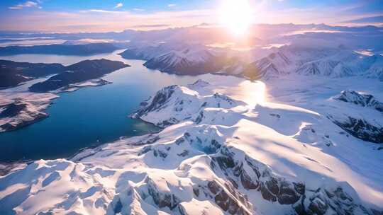 雪山湖泊日出全景