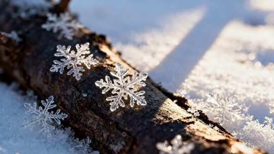 树枝上的雪花特写