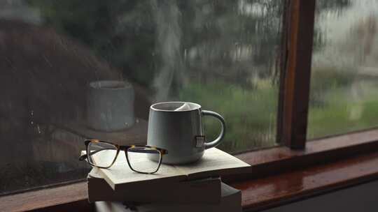 杯子泡着茶，和眼镜一起放在书上 窗外下雨
