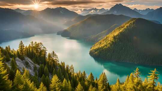 阳光照耀下的山林湖泊风景