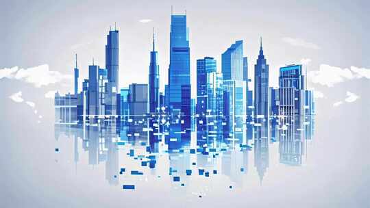 科技城市蓝色建筑倒影未来抽象背景动画