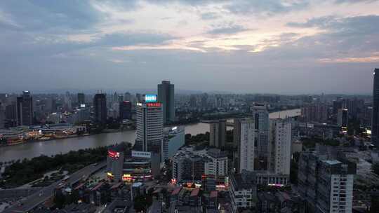 浙江宁波城市晚霞夜幕降临航拍