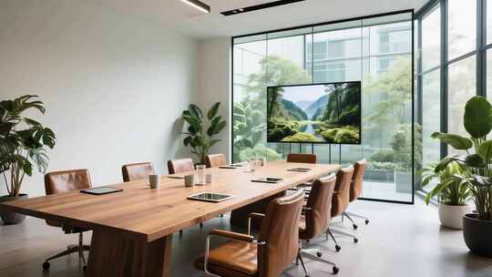 绿色植物环绕的现代办公室