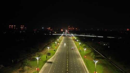 夜晚道路航拍马路公路交通晚上城市道路夜景