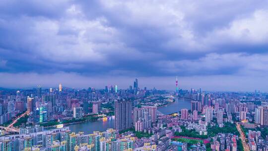 广州珠江岸摩天大楼与风起云涌风景航拍延时