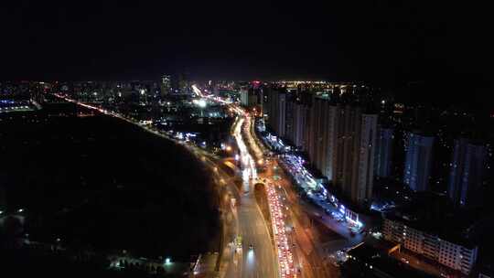 城市夜晚道路航拍街道车流秦皇岛