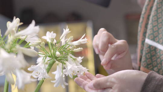 午后花店修剪插花的东方女性