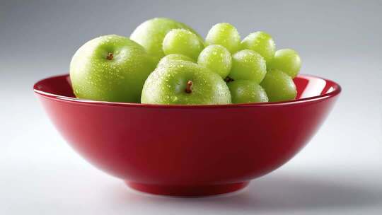 红碗中晶莹剔透的青苹果与葡萄
