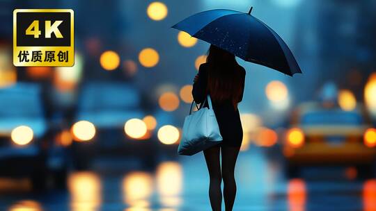 夜晚城市下雨车水马龙城市雨夜出行伤感夜景