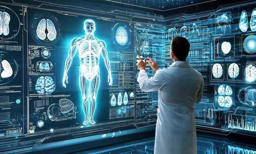 医生展示人体骨骼结构医学科研科技医疗