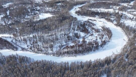 航拍大兴安岭林海雪原冰河