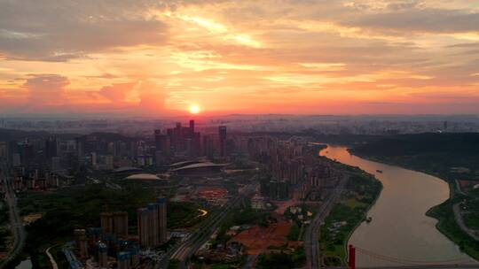 4K南宁航拍总部基地夕阳夜景邕江城市地标