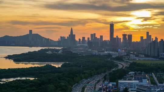 深圳湾滨河大道晚霞车流延时
