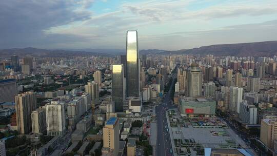 甘肃兰州城关区地标建筑群城市天际线航拍