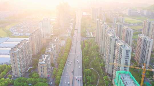 日出清晨杭州滨江滨文路城市道路航拍
