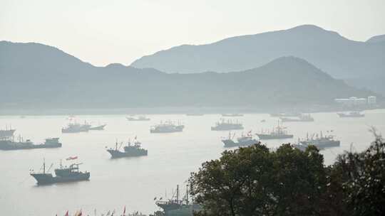 宁波象山石浦镇渔船渔村海景空镜