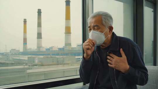 老人窗边戴口罩咳嗽