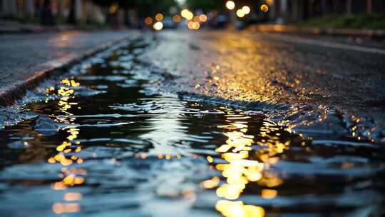 夜晚街道积水倒影灯光画面