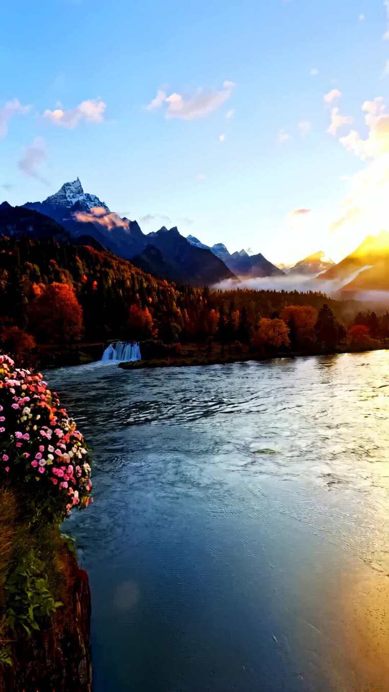 河畔雪山自然风光全景