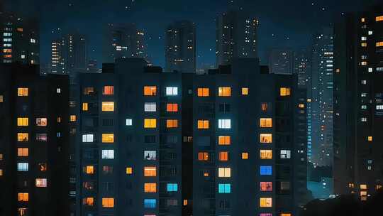 过年团圆居民楼万家灯火城市夜景
