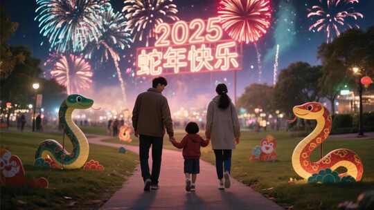 2025蛇年家庭公园赏烟花场景