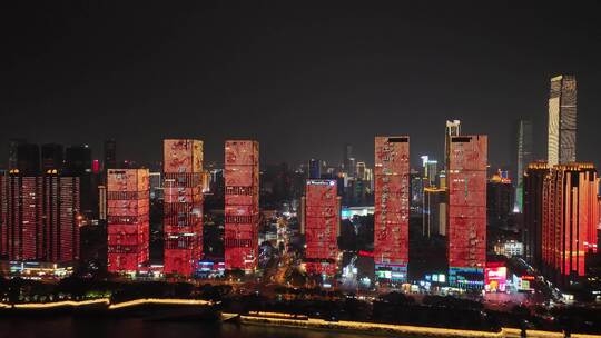 长沙夜景航拍开福区万达广场湘江灯光秀风光