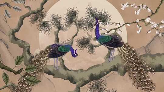 孔雀枝头，梅花松树，国画
