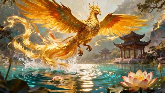 古风场景中飞翔的金色凤凰