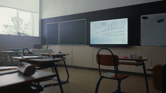 教室 课堂 课桌 黑板 学校 桌椅视频素材模板下载