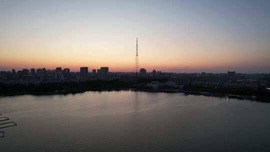 城市夕阳晚霞日落航拍东营日落