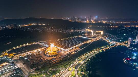 广西南宁会展中心东盟博览会夜景航拍延时