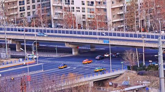 北京朝阳区冬季城市天际线交通建筑群