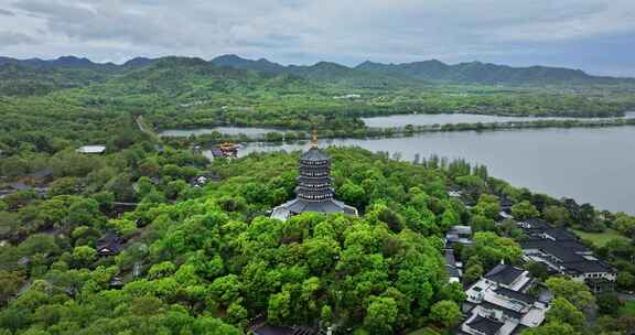 航拍杭州西湖雷峰塔