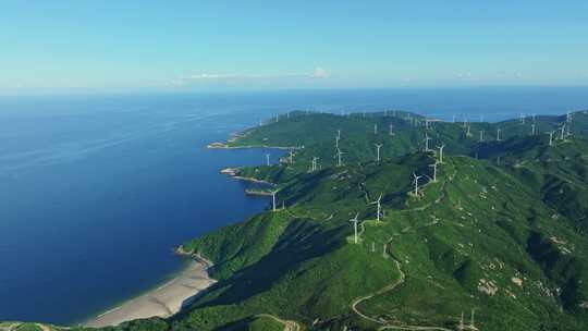 4K 海岛风车山风力发电、绿色清洁能源航拍
