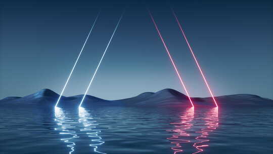 水面上的霓虹灯光线条3D渲染