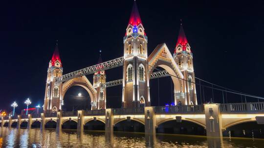 新疆布尔津网红桥夜景航拍