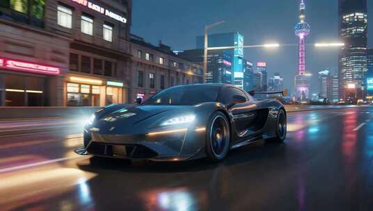 上海街头跑车夜景画面